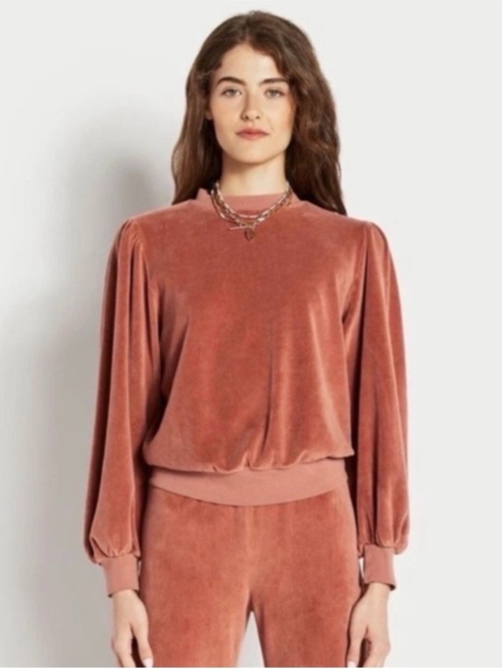 Suzi Kondi Velour Puff Sleeve Sweatshirt Designer Lounge Casual Comfy Dusty Rose